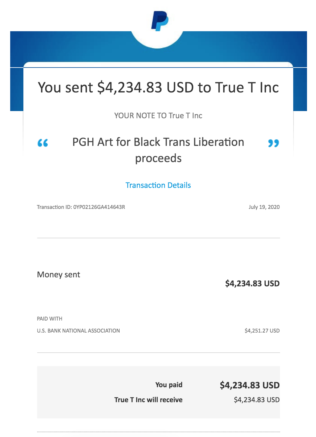 PayPal donation receipt to True T